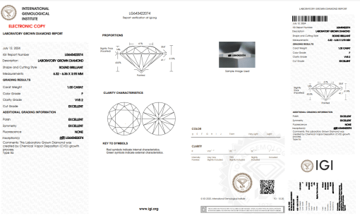 เพชรแท้ Lab Grown Diamond 1.00 กะรัต น้ำ 98 เกรด VVS2 EX EX EX N พร้อมเซอร์ IGI (1CER811)