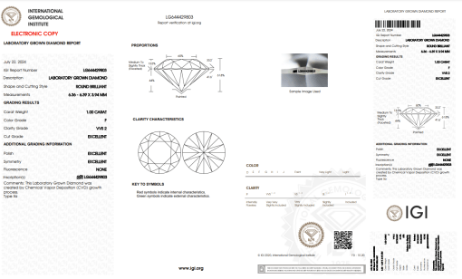 เพชรแท้ Lab Grown Diamond 1.00 กะรัต น้ำ 98 เกรด VVS2 EX EX EX N พร้อมเซอร์ IGI (1CER812)