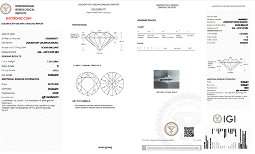 เพชรแท้ Lab Grown Diamond 1.00 กะรัต น้ำ 100 เกรด VVS2 EX EX EX N พร้อมเซอร์ IGI (1CER813)