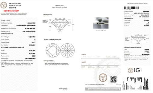 เพชรแท้ Lab Grown Diamond 1.00 กะรัต น้ำ 100 เกรด VVS2 EX EX EX N พร้อมเซอร์ IGI (1CER824)