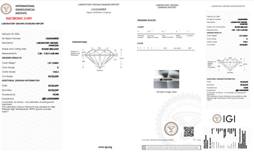 เพชรแท้ Lab Grown Diamond 1.51 กะรัต น้ำ 100 เกรด VVS2 EX EX EX N พร้อมเซอร์ IGI (1CER826)