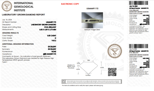 เพชรแท้ Lab Grown Diamond 0.50 กะรัต น้ำ 100 เกรด VVS2 EX EX N พร้อมเซอร์ IGI (1CER761)