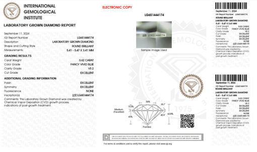 เพชรแท้ Lab Grown Diamond 0.62 กะรัต น้ำ BLUE เกรด VS2 EX EX EX N พร้อมเซอร์ IGI (1CER845)