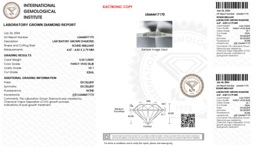 เพชรแท้ Lab Grown Diamond 0.34 กะรัต น้ำ BLUE เกรด VS1 H&A EX EX N พร้อมเซอร์ IGI (1CER846)