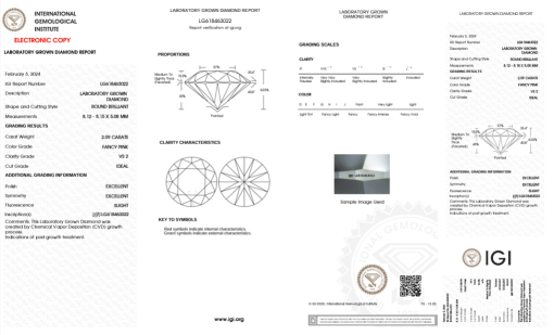 เพชรแท้ Lab Grown Diamond 2.09 กะรัต น้ำ PINK เกรด VS2 H&A EX EX SL พร้อมเซอร์ IGI (1CER847)