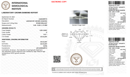 เพชรแท้ Lab Grown Diamond 0.50 กะรัต น้ำ 100 เกรด VVS1 EX EX EX N พร้อมเซอร์ IGI (1CER828N)