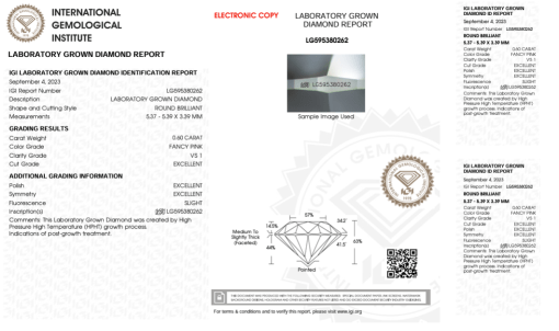 เพชรแท้ Lab Grown Diamond 0.60 กะรัต น้ำ PINK เกรด VS1 EX EX EX SL พร้อมเซอร์ IGI (1CER848)