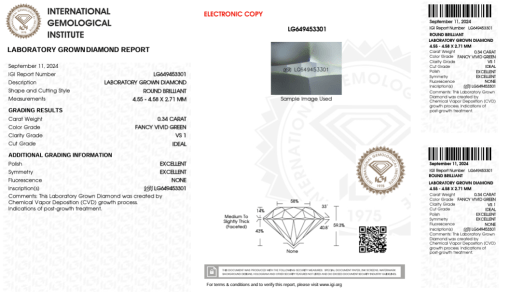 เพชรแท้ Lab Grown Diamond 0.34 กะรัต น้ำ GREEN เกรด VS1 ID EX EX N พร้อมเซอร์ IGI (1CER851)