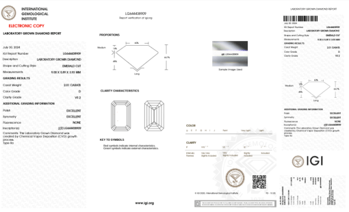 เพชรแท้ Lab Grown Diamond 2.01 กะรัต น้ำ 100 เกรด VS2 EX EX N พร้อมเซอร์ IGI (1CER852)