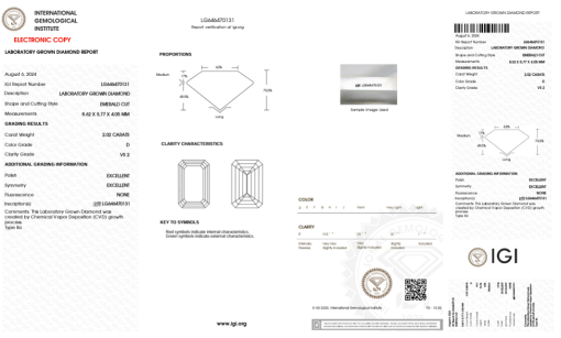 เพชรแท้ Lab Grown Diamond 2.02 กะรัต น้ำ 100 เกรด VS2 EX EX N พร้อมเซอร์ IGI (1CER853)