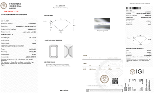 เพชรแท้ Lab Grown Diamond 1.01 กะรัต น้ำ 100 เกรด VVS2 EX EX N พร้อมเซอร์ IGI (1CER855)