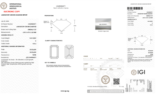 เพชรแท้ Lab Grown Diamond 1.04 กะรัต น้ำ 100 เกรด VVS2 EX EX N พร้อมเซอร์ IGI (1CER963)