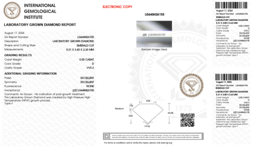 เพชรแท้ Lab Grown Diamond 0.50 กะรัต น้ำ 100 เกรด VVS2 EX EX N พร้อมเซอร์ IGI (1CER965)