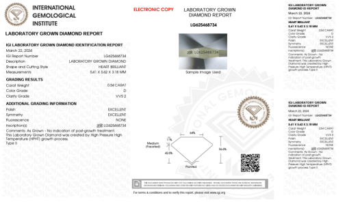 เพชรแท้ Lab Grown Diamond 0.54 กะรัต น้ำ 100 เกรด VVS2 EX EX N พร้อมเซอร์ IGI (1CER969)