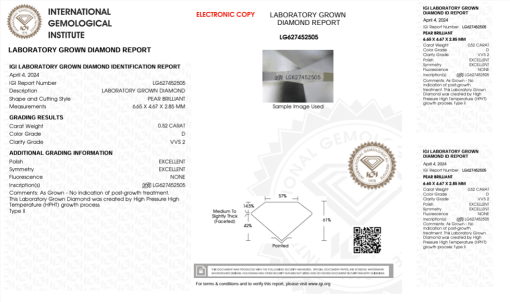 เพชรแท้ Lab Grown Diamond 0.52 กะรัต น้ำ 100 เกรด VVS2 EX EX N พร้อมเซอร์ IGI (1CER971)