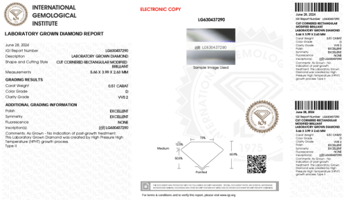 เพชรแท้ Lab Grown Diamond 0.51 กะรัต น้ำ 100 เกรด VVS2 EX EX N พร้อมเซอร์ IGI (1CER993)