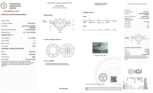 เพชรแท้ Lab Grown Diamond 3.18 กะรัต น้ำ 96 เกรด VS2 ID EX EX N พร้อมเซอร์ IGI (1CER999)