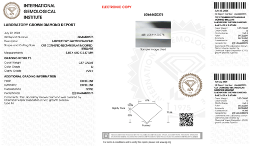 เพชรแท้ Lab Grown Diamond 0.57 กะรัต น้ำ 100 เกรด VVS2 EX EX N พร้อมเซอร์ IGI (1CER992)