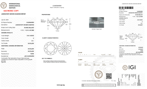 เพชรแท้ Lab Grown Diamond 5.03 กะรัต น้ำ 96 เกรด VS1 EX EX EX N พร้อมเซอร์ IGI (1CER996)