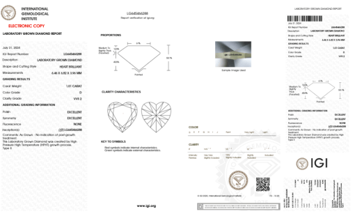 เพชรแท้ Lab Grown Diamond 1.01 กะรัต น้ำ 100 เกรด VVS2 EX EX N พร้อมเซอร์ IGI (1CER967)