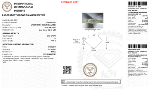 เพชรแท้ Lab Grown Diamond 0.53 กะรัต น้ำ 100 เกรด VVS2 EX EX N พร้อมเซอร์ IGI (1CER984)