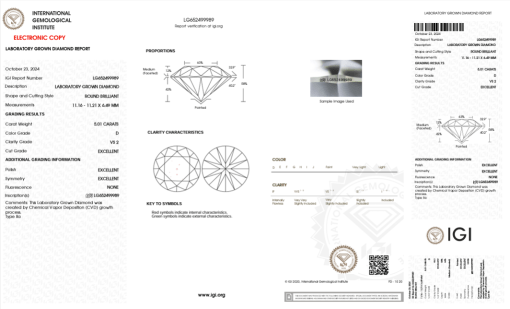 เพชรแท้ Lab Grown Diamond 5.01 กะรัต น้ำ 100 เกรด VS2 EX EX EX N พร้อมเซอร์ IGI (1CER998)