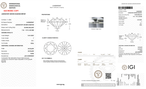 เพชรแท้ Lab Grown Diamond 1.54 กะรัต น้ำ 98 เกรด VS1 ID EX EX N พร้อมเซอร์ IGI (1CER1021)