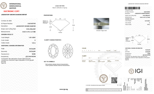 เพชรแท้ Lab Grown Diamond 1.05 กะรัต น้ำ 100 เกรด VVS2 EX EX N พร้อมเซอร์ IGI (1CER978)