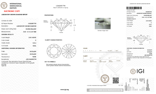 เพชรแท้ Lab Grown Diamond 2.00 กะรัต น้ำ 100 เกรด VVS2 ID EX EX N พร้อมเซอร์ IGI (1CER1017)