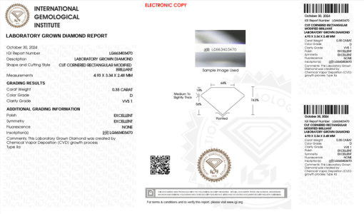 เพชรแท้ Lab Grown Diamond 0.35 กะรัต น้ำ 100 เกรด VVS1 EX EX N พร้อมเซอร์ IGI (1CER994)