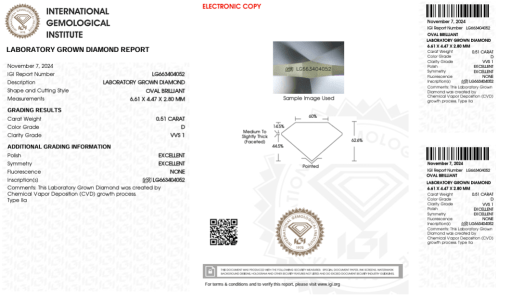 เพชรแท้ Lab Grown Diamond 0.51 กะรัต น้ำ 100 เกรด VVS1 EX EX N พร้อมเซอร์ IGI (1CER985)