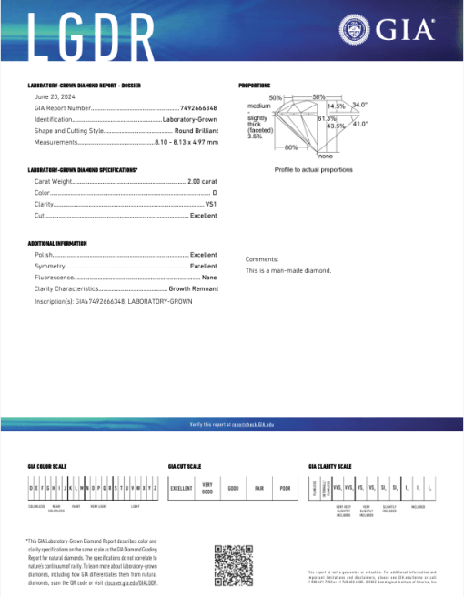 เพชรแท้ Lab Grown Diamond 2.00 กะรัต น้ำ 100 เกรด VS1 EX EX EX N พร้อมเซอร์ IGI (1CER909)