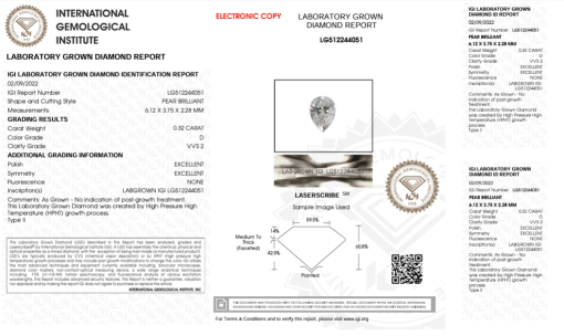 เพชรแท้ Lab Grown Diamond 0.32 กะรัต น้ำ 100 เกรด VVS2 EX EX N พร้อมเซอร์ IGI (1CER974)