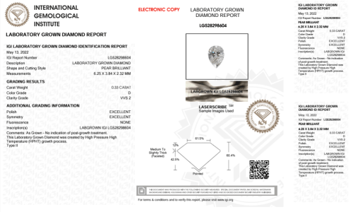 เพชรแท้ Lab Grown Diamond 0.33 กะรัต น้ำ 100 เกรด VVS2 EX EX N พร้อมเซอร์ IGI (1CER973)