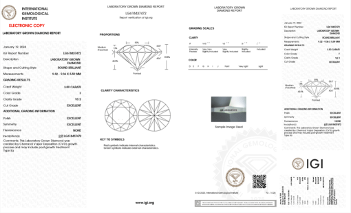 เพชรแท้ Lab Grown Diamond 3.00 กะรัต น้ำ 98 เกรด VS2 EX EX EX N พร้อมเซอร์ IGI (1CER1006)