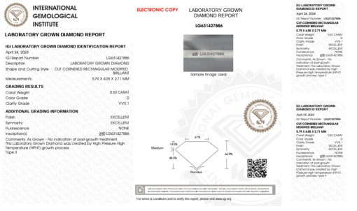 เพชรแท้ Lab Grown Diamond 0.53 กะรัต น้ำ 100 เกรด VVS1 EX EX EX N พร้อมเซอร์ IGI (1CER991)