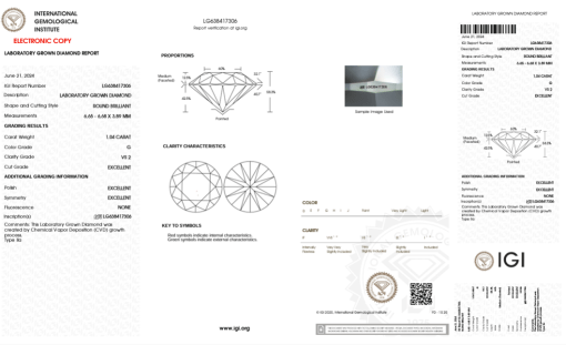 เพชรแท้ Lab Grown Diamond 1.04 กะรัต น้ำ 97 เกรด VS2 EX EX EX N พร้อมเซอร์ IGI (1CER913)