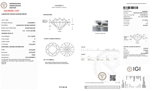 เพชรแท้ Lab Grown Diamond 2.01 กะรัต น้ำ 100 เกรด VS2 EX EX EX N พร้อมเซอร์ IGI (1CER904)