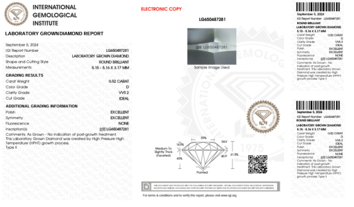 เพชรแท้ Lab Grown Diamond 0.52 กะรัต น้ำ 100 เกรด VVS2 ID EX EX N พร้อมเซอร์ IGI (1CER933)