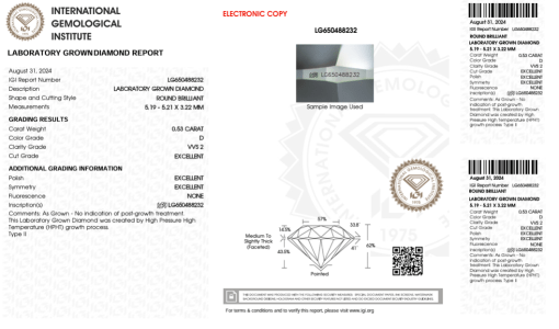 เพชรแท้ Lab Grown Diamond 0.53 กะรัต น้ำ 100 เกรด VVS2 EX EX EX N พร้อมเซอร์ IGI (1CER927)