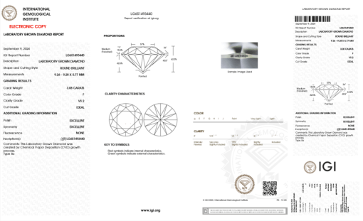 เพชรแท้ Lab Grown Diamond 3.08 กะรัต น้ำ 98 เกรด VS2 ID EX EX N พร้อมเซอร์ IGI (1CER894)