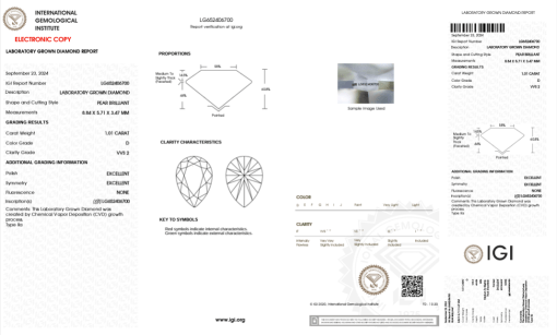 เพชรแท้ Lab Grown Diamond 1.01 กะรัต น้ำ 100 เกรด VVS2 EX EX N พร้อมเซอร์ IGI (1CER863)