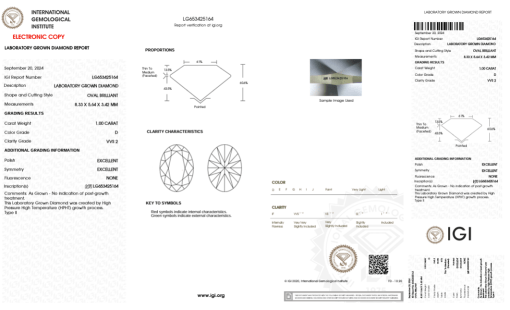 เพชรแท้ Lab Grown Diamond 1.00 กะรัต น้ำ 100 เกรด VVS2 EX EX N พร้อมเซอร์ IGI (1CER878)