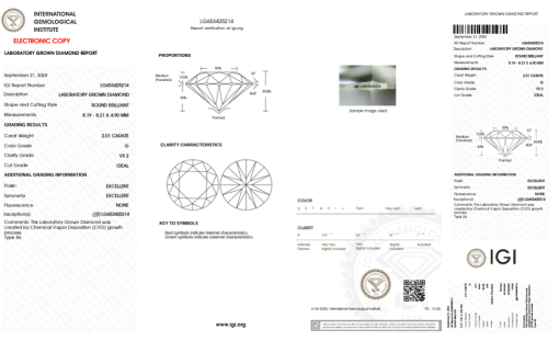 เพชรแท้ Lab Grown Diamond 2.01 กะรัต น้ำ 97 เกรด VS2 ID EX EX N พร้อมเซอร์ IGI (1CER937)