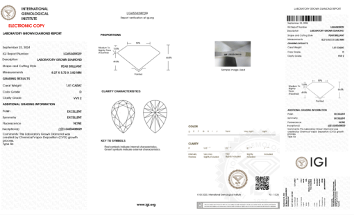 เพชรแท้ Lab Grown Diamond 1.01 กะรัต น้ำ 100 เกรด VVS2 EX EX N พร้อมเซอร์ IGI (1CER862)