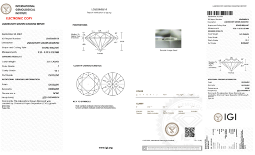 เพชรแท้ Lab Grown Diamond 3.01 กะรัต น้ำ 98 เกรด VS1 EX EX EX N พร้อมเซอร์ IGI (1CER897)