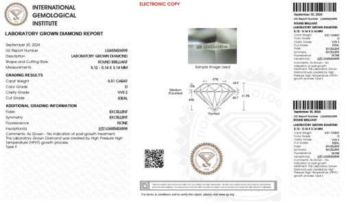 เพชรแท้ Lab Grown Diamond 0.51 กะรัต น้ำ 100 เกรด VVS2 ID EX EX N พร้อมเซอร์ IGI (1CER928)