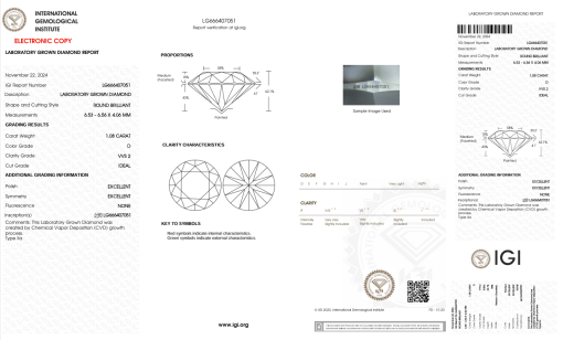 เพชรแท้ Lab Grown Diamond 1.08 กะรัต น้ำ 100 เกรด VVS2 ID EX EX N พร้อมเซอร์ IGI (1CER1043N)