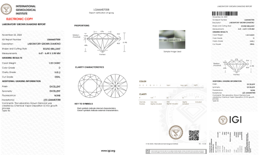 เพชรแท้ Lab Grown Diamond 1.03 กะรัต น้ำ 100 เกรด VVS2 ID EX EX N พร้อมเซอร์ IGI (1CER1047N)