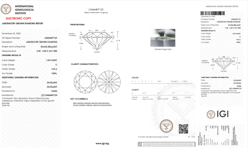 เพชรแท้ Lab Grown Diamond 1.05 กะรัต น้ำ 100 เกรด VVS2 ID EX EX N พร้อมเซอร์ IGI (1CER1046N)